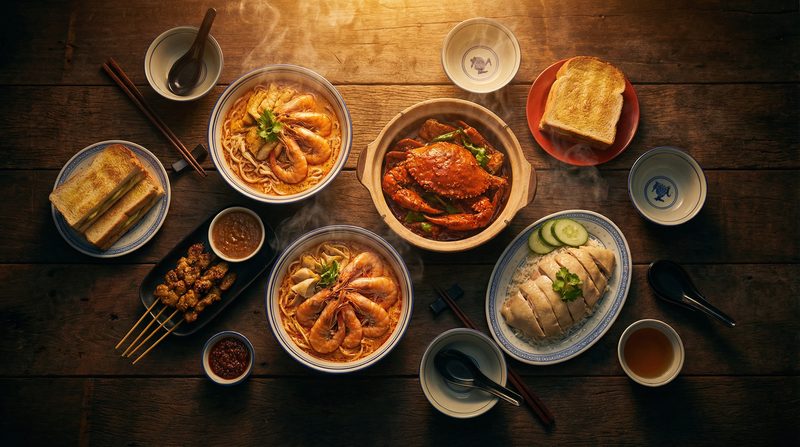 Singapore hawker food spread